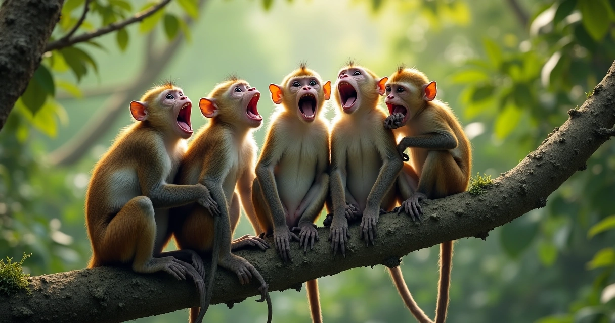 Macacos em galho de árvore, alguns bocejando ao mesmo tempo 