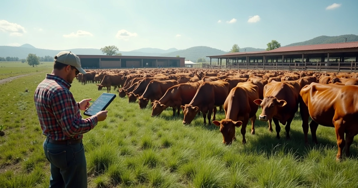 Animais em pasto e confinamento sendo gerenciados por produtor 