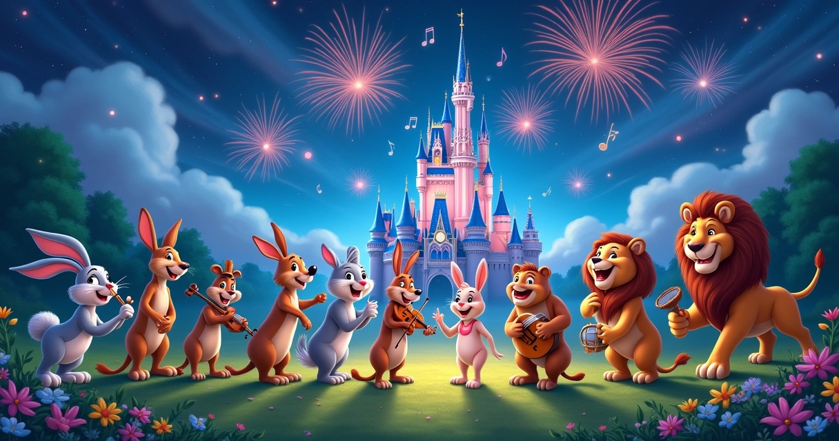 Ilustração encantadora de animais da Disney tocando música em frente ao Castelo da Cinderela com fogos de artifício.