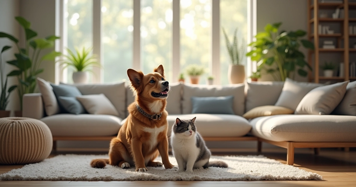 Cão e gato juntos em sala de estar coletiva com aparelhos e móveis modernos 