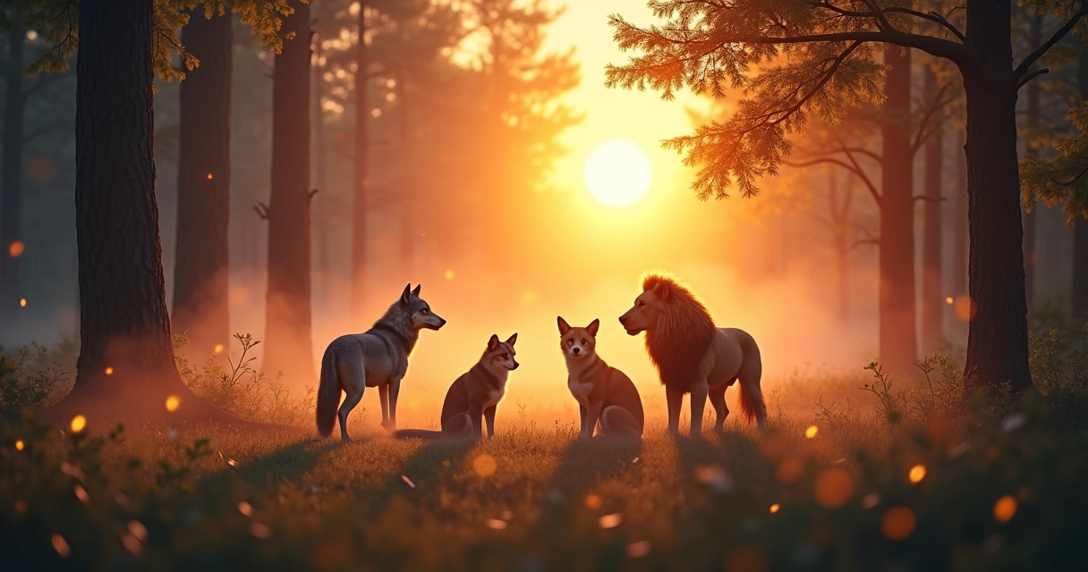 Ilustração de animais espirituais em um cenário místico ao entardecer 