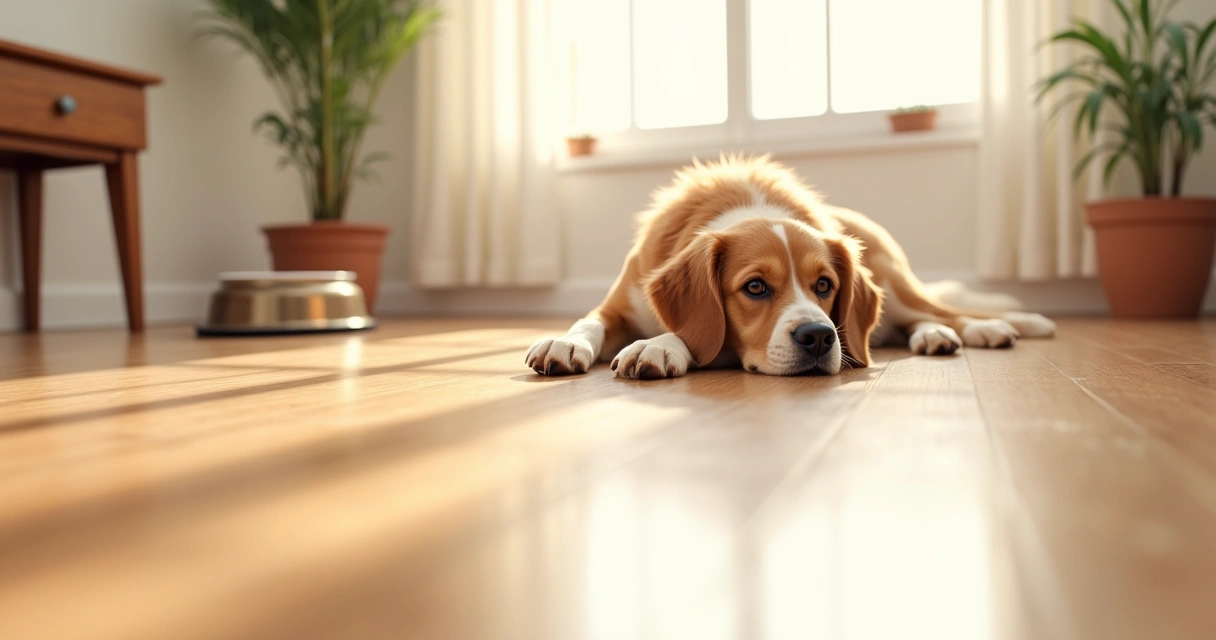 Cachorro deitado em piso laminado limpo 