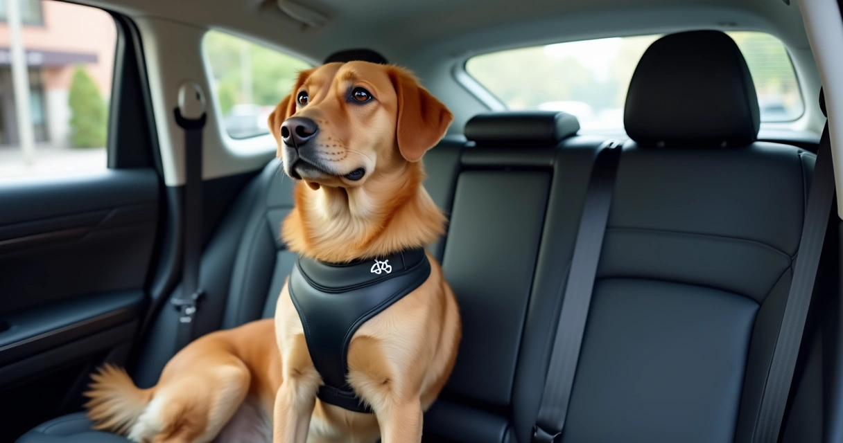 Cão em banco traseiro de carro elétrico preso ao cinto de segurança 