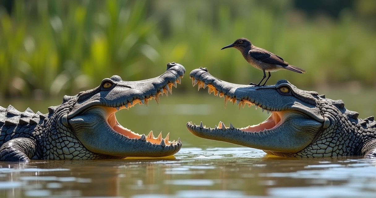 Bird sitting on crocodile head while cleaning teeth 