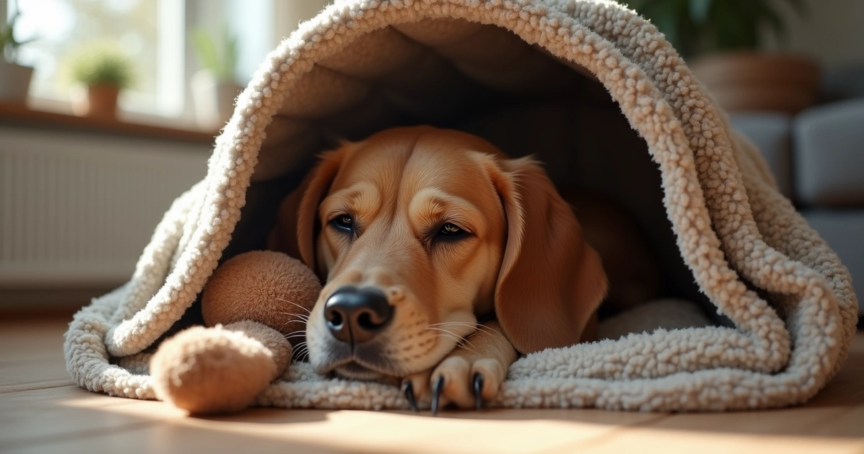 Cachorro deitado dentro de caixa de transporte com brinquedos ao lado 