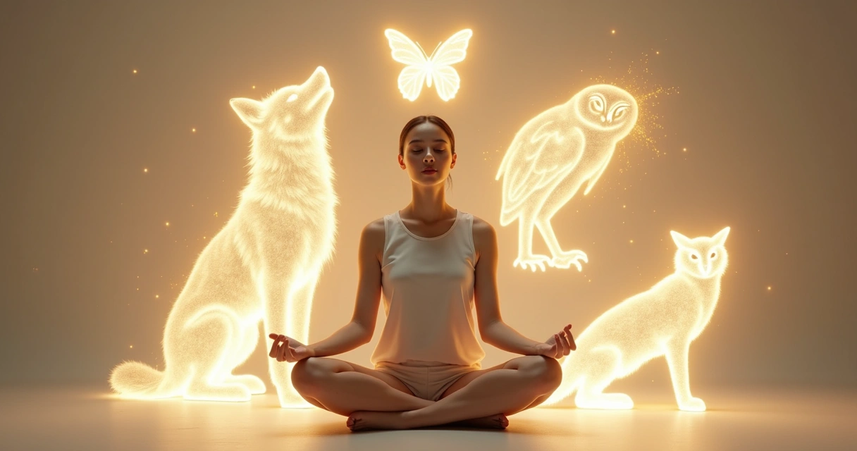 Pessoa sentada em meditação rodeada por energia luminosa em formato de animais 