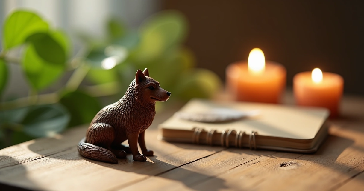 Amuleto de animal em mesa ao lado de vela 