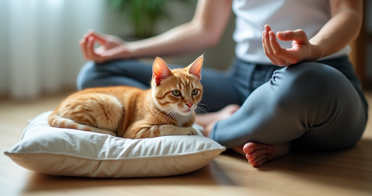 Gato deitado em almofada ao lado de pessoa meditando