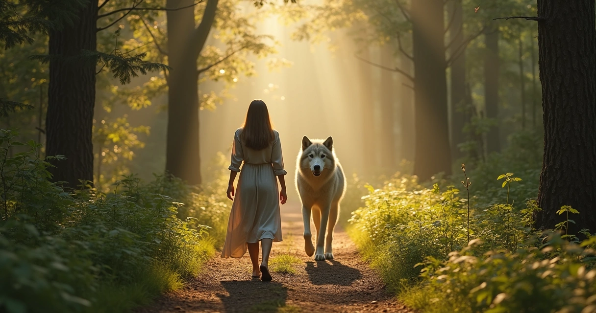 Pessoa de costas caminhando em floresta com reflexo de animal atrás 