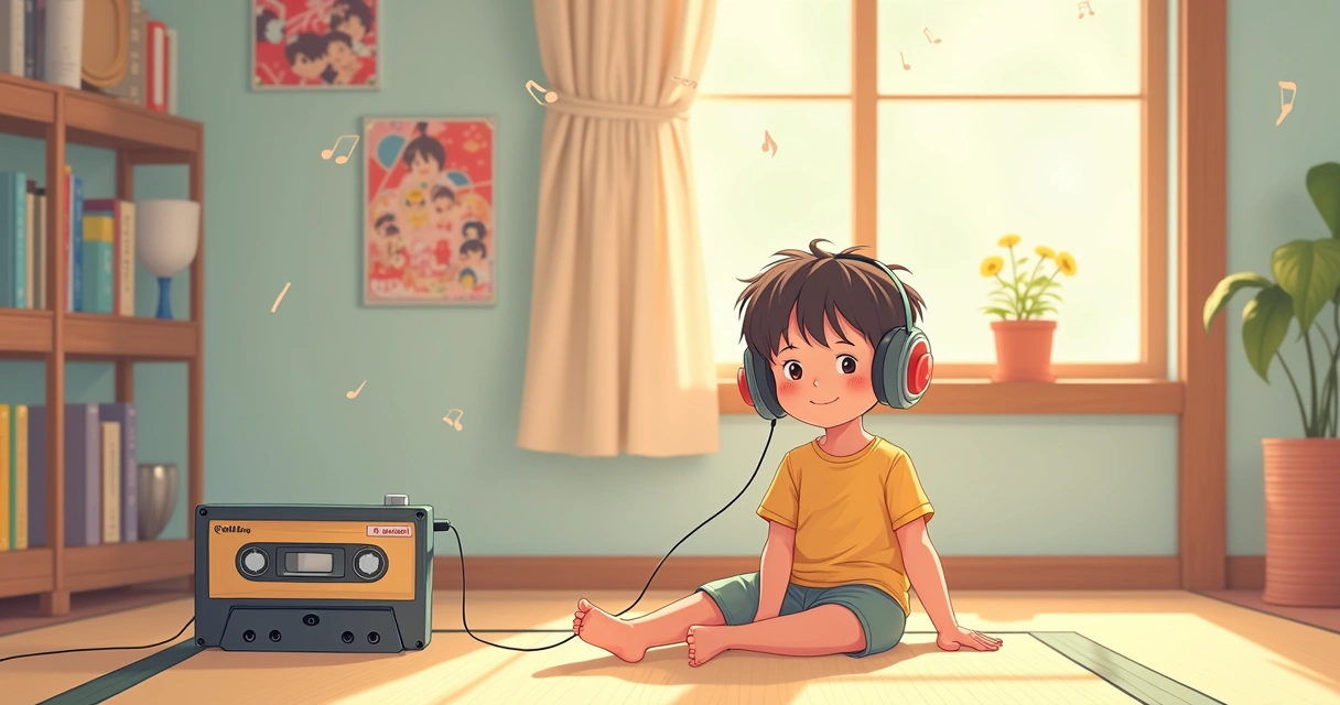 Criança de fones ouvindo música de anime 