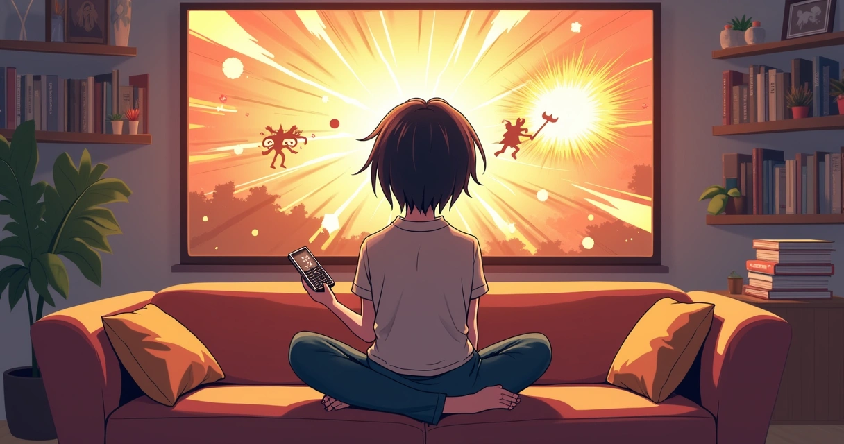 Pessoa sentado segurando controle remoto, tela de TV mostra dois caminhos de anime, ambiente acolhedor 