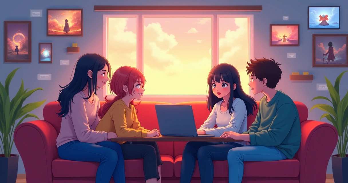 Cena colorida mostrando personagens de anime assistindo animação em um notebook e várias telas digitais ao redor 