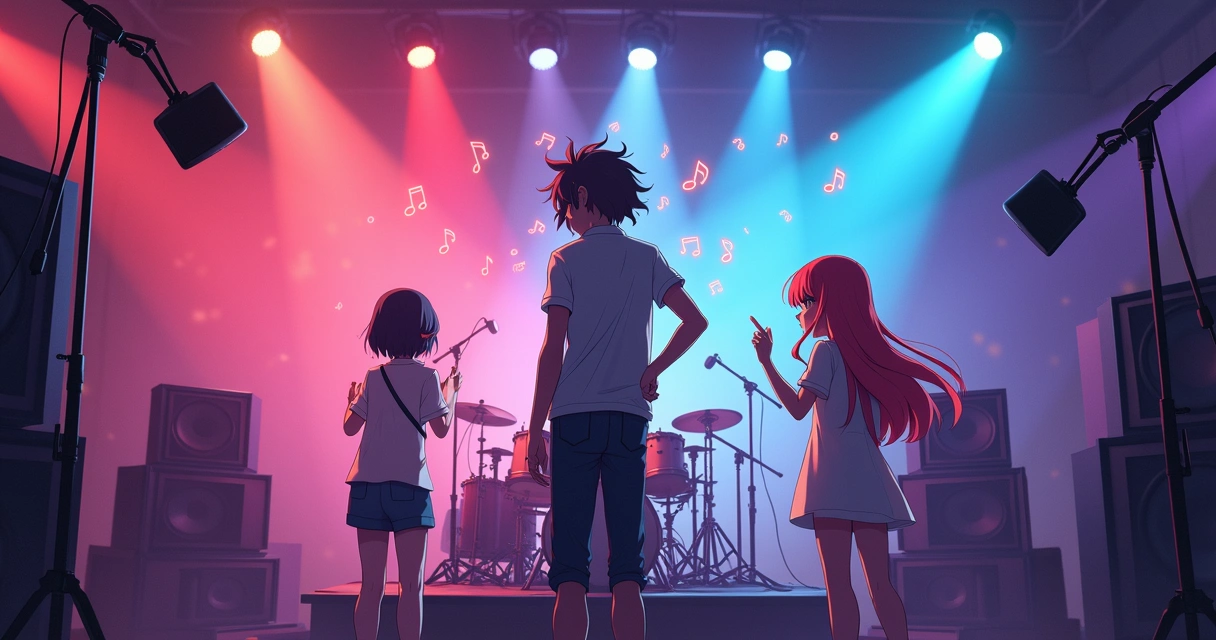 Cena de anime com cores vibrantes e música no ambiente 