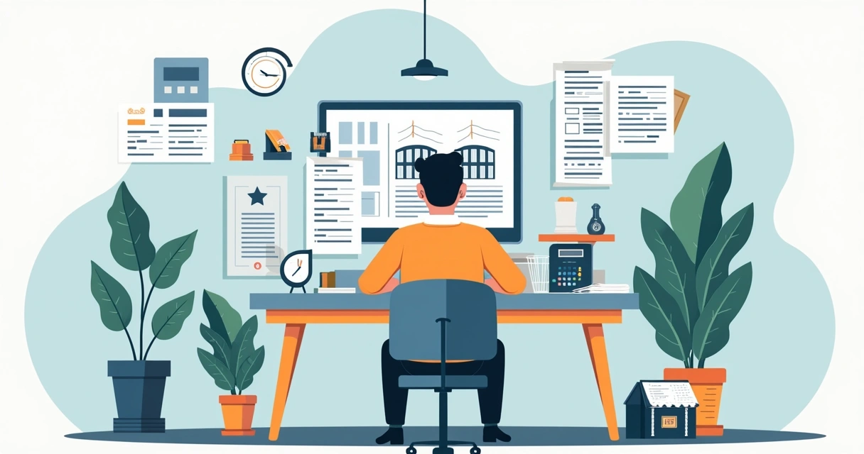 Pessoa analisando documentos de regularização imobiliária em mesa com papéis e laptop 