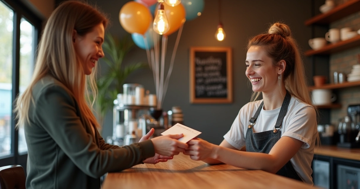 Cliente recebendo oferta de aniversário especial na cafeteria 