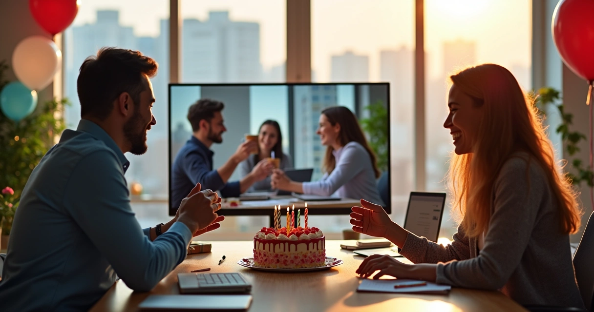 Comemoração de aniversário no trabalho híbrido, com pessoas on-line e presenciais 