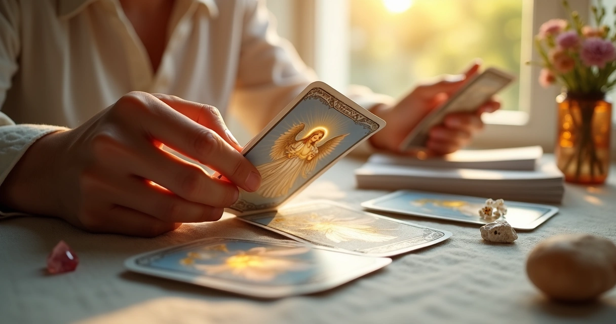 Pessoa embaralhando cartas de tarô dos anjos com luz suave ao fundo 