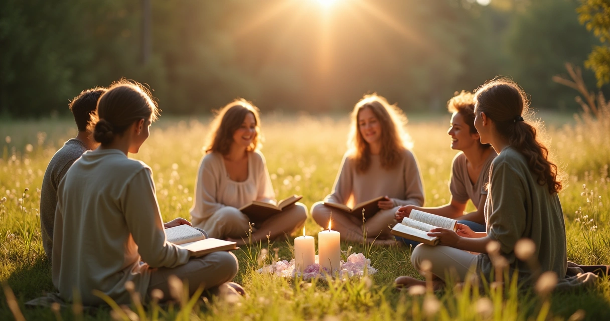 Grupo representando cinco pessoas de diferentes idades, sentadas em círculo em um ambiente natural, com livros e velas acesas no centro 