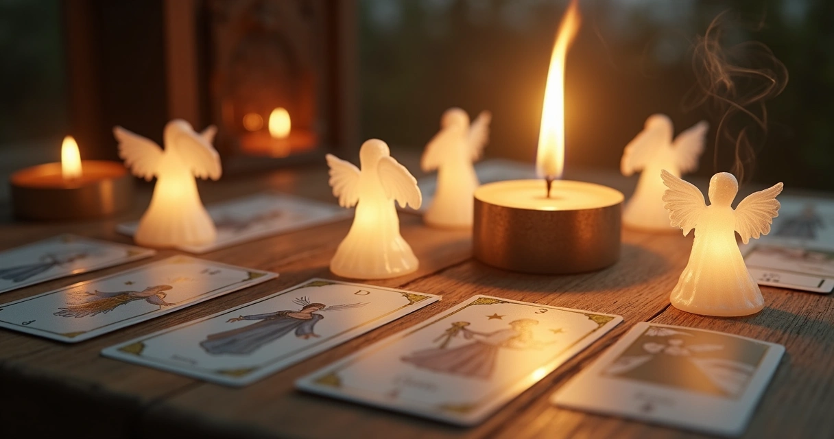 Cartas de tarot dispostas em uma mesa iluminada por uma vela branca, com ilustrações de anjos em volta. 