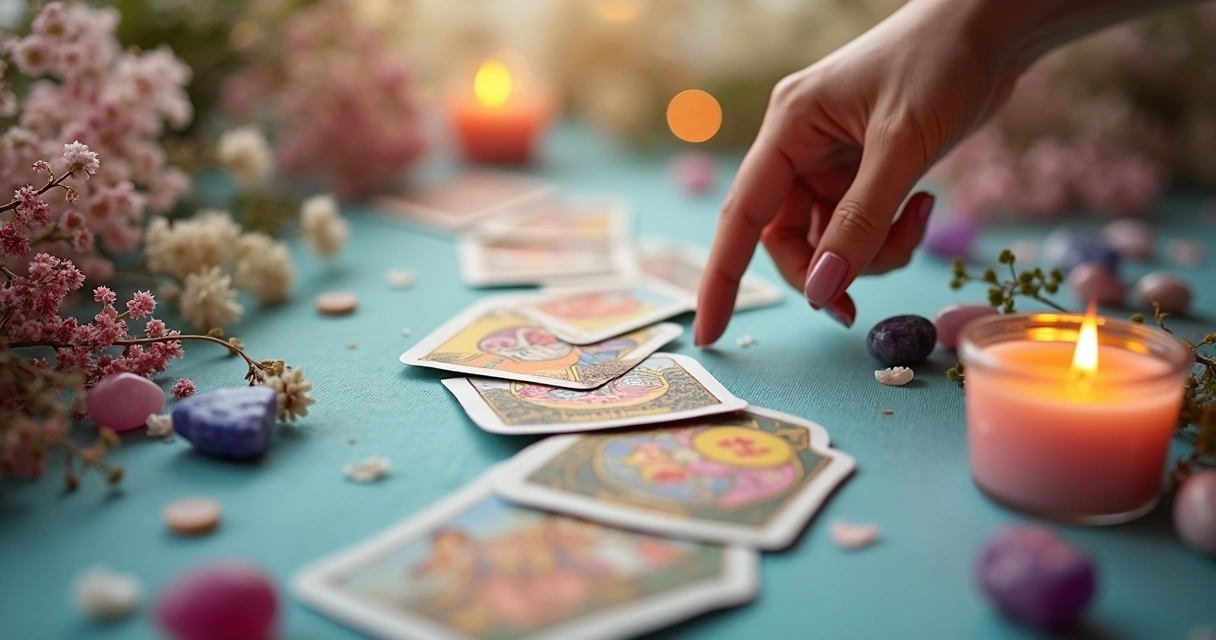 Baralho de tarô aberto com cristais e flores secas ao redor, representando novos caminhos 