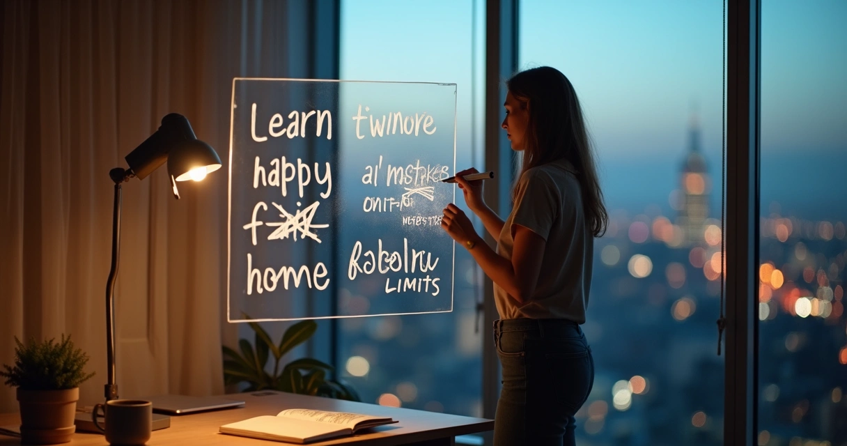 Pessoa ajustando anotações de metas em vidro embaçado ao anoitecer 