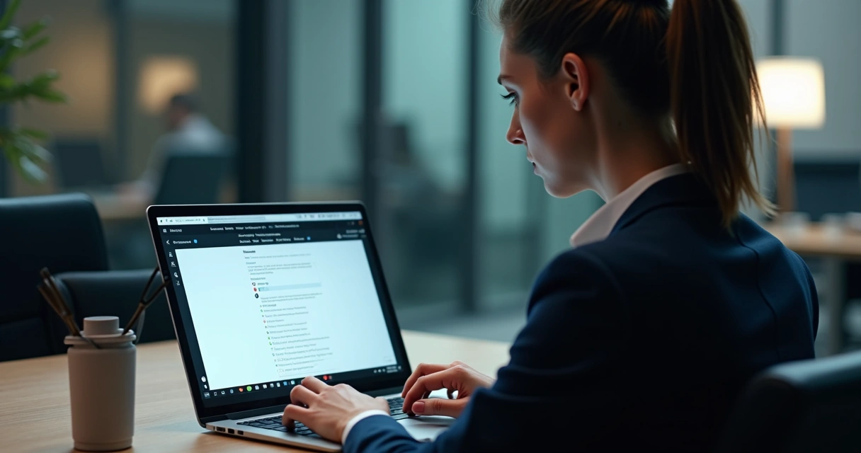Mulher digitando denúncia anônima em notebook, ambiente corporativo discreto 