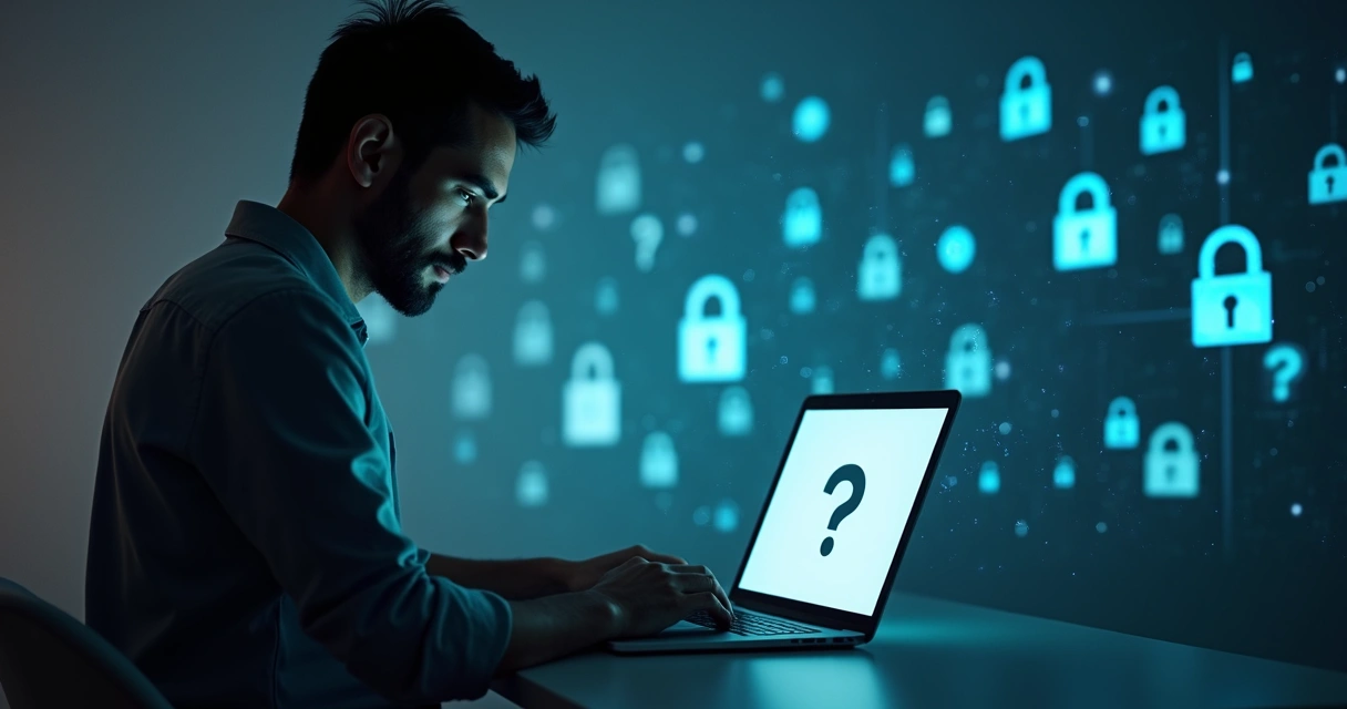 Persona con rostro parcialmente oculto usando un portátil, fondo de símbolos digitales