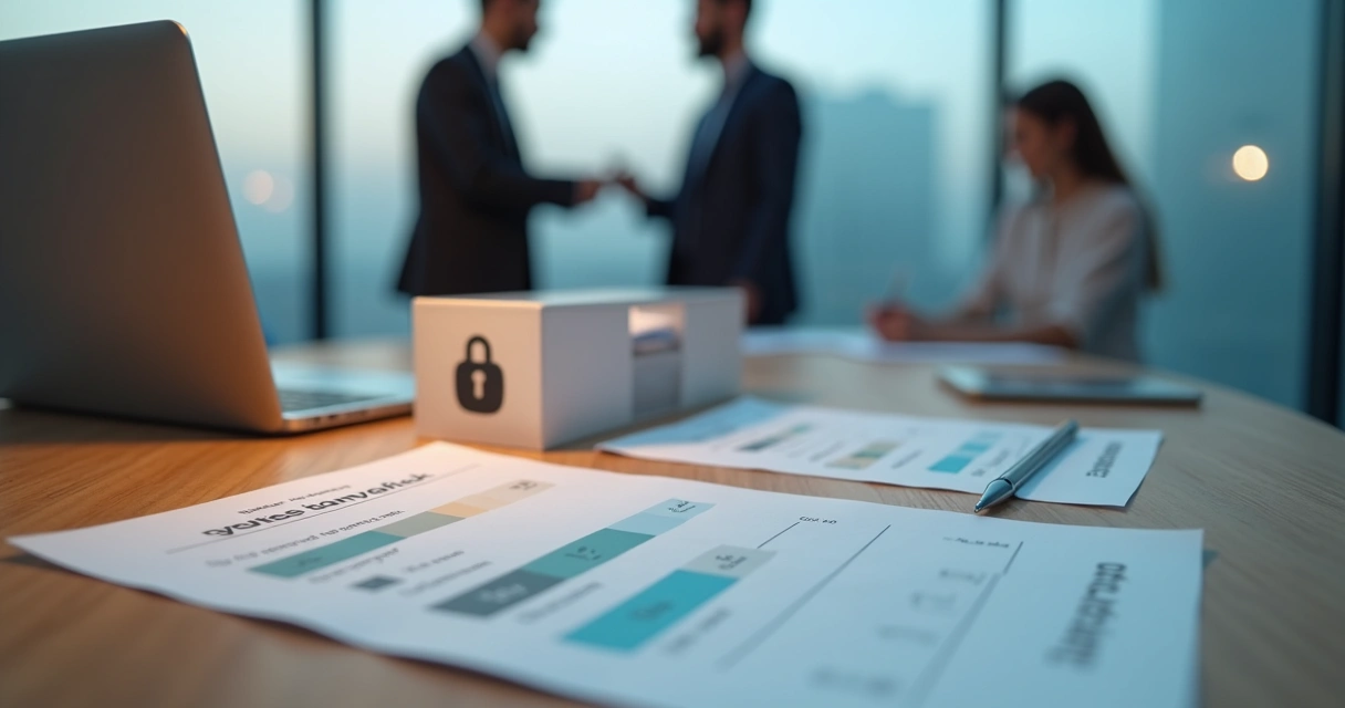 Mesa de oficina con formularios anónimos de valoración emocional y siluetas borrosas al fondo 