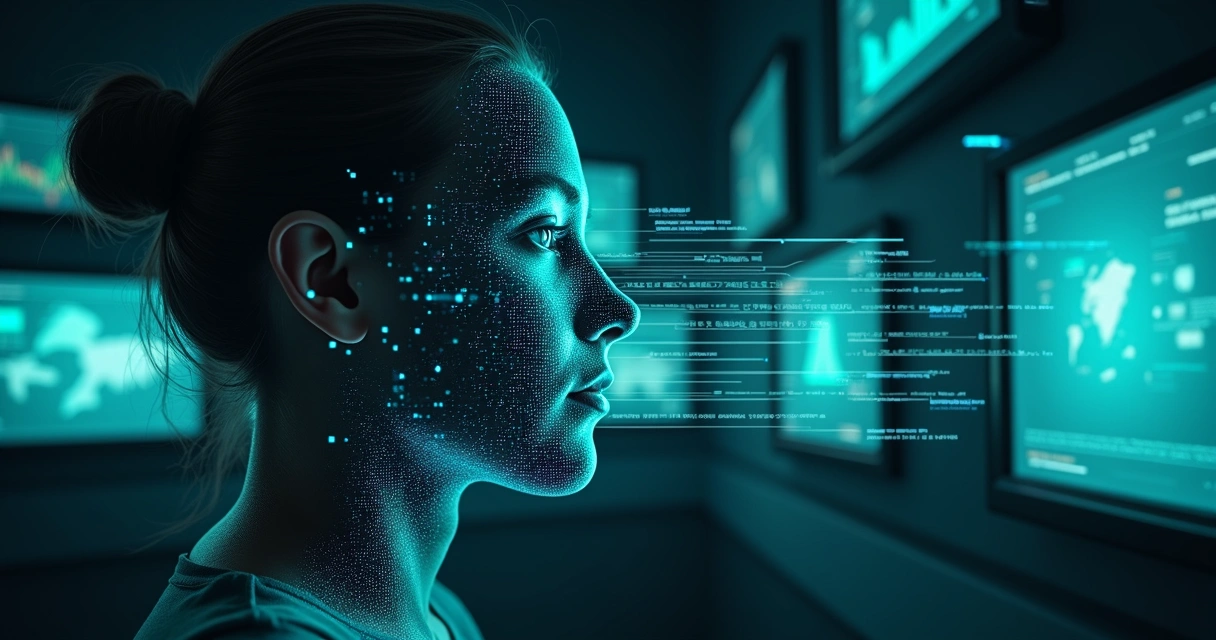 Matriz de números projetada em um rosto desfocado e mascarado por mosaico 