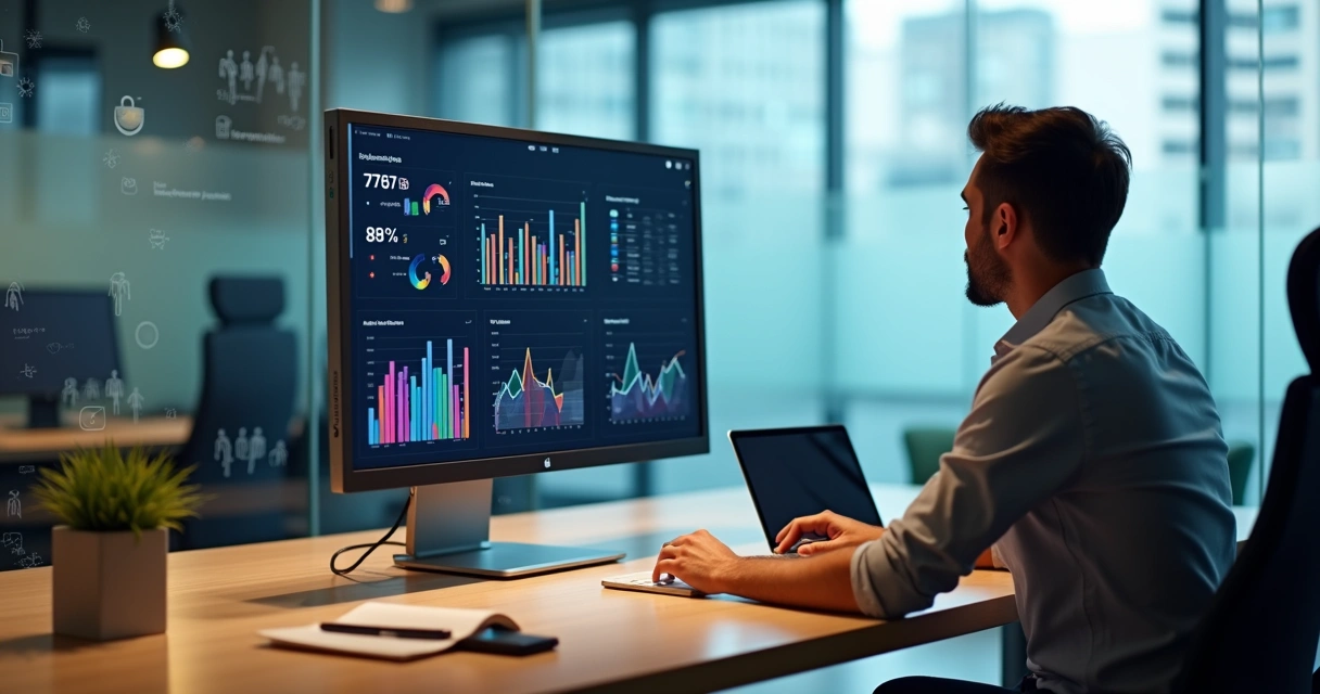 Gestor de PME analisando painel de dados anonimizados em tela com ícones de segurança e LGPD 