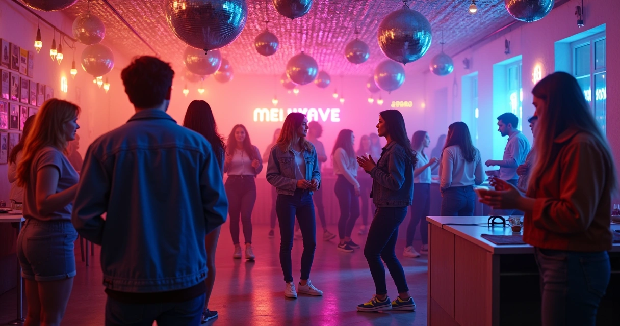 Festa temática anos 90 para adultos com pista de dança e decorações coloridas 