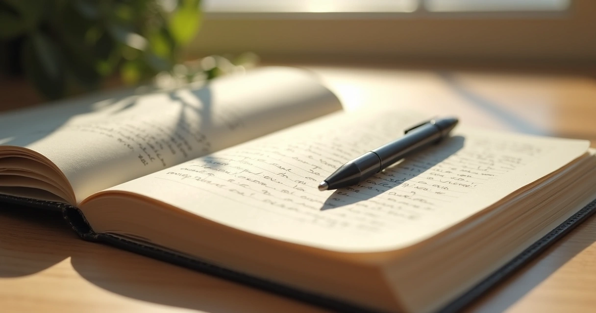 Caderno aberto com anotações manuscritas e caneta sobre mesa clara 