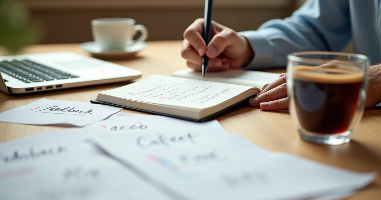 Pessoa escrevendo ações em um caderno após reunião de feedback 
