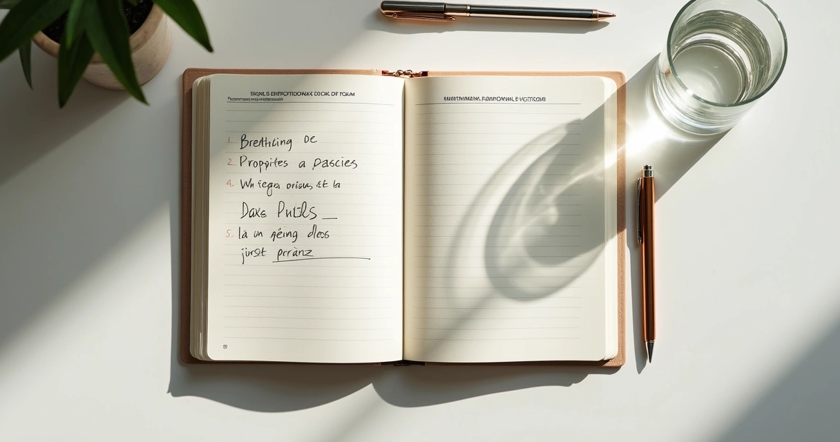 Caderno com anotações de autocorreção e copo de água