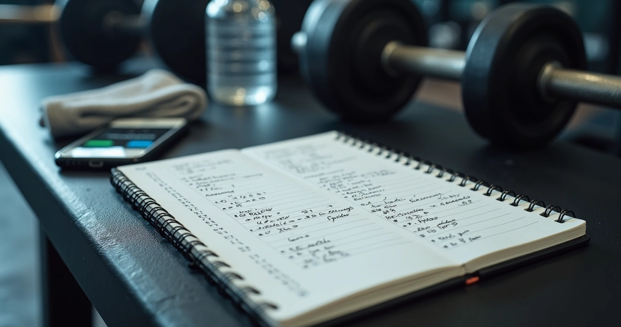 Caderno com anotações de carga e celular com gráfico de treino 