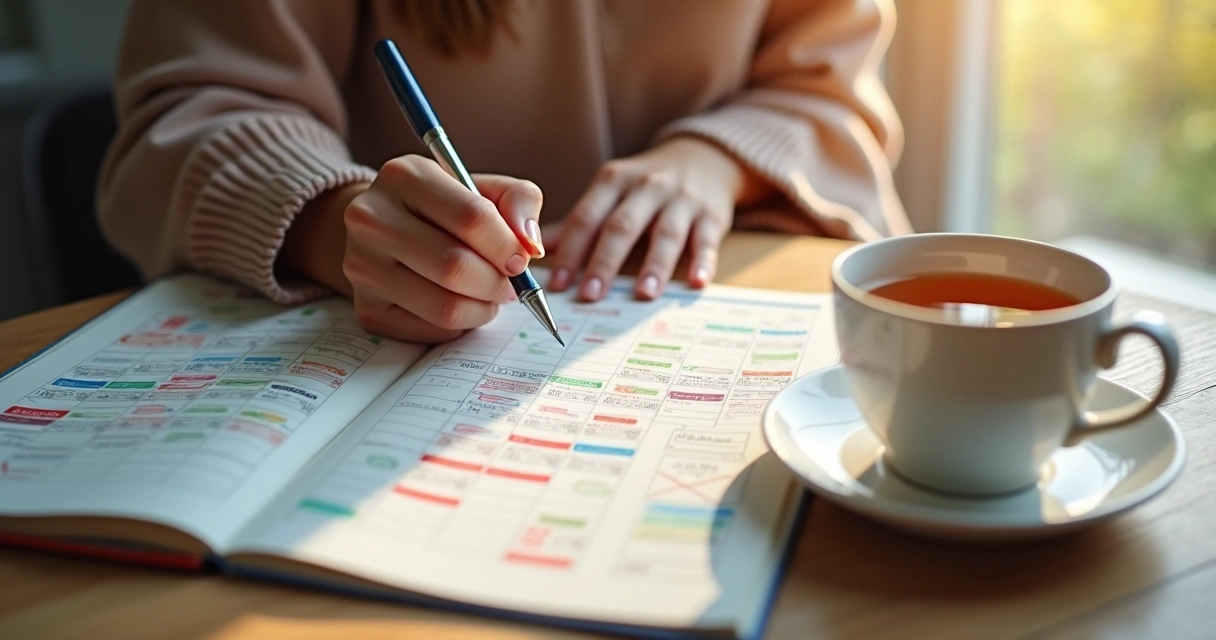 Mão feminina escrevendo anotações em um diário ao lado de calendário colorido 