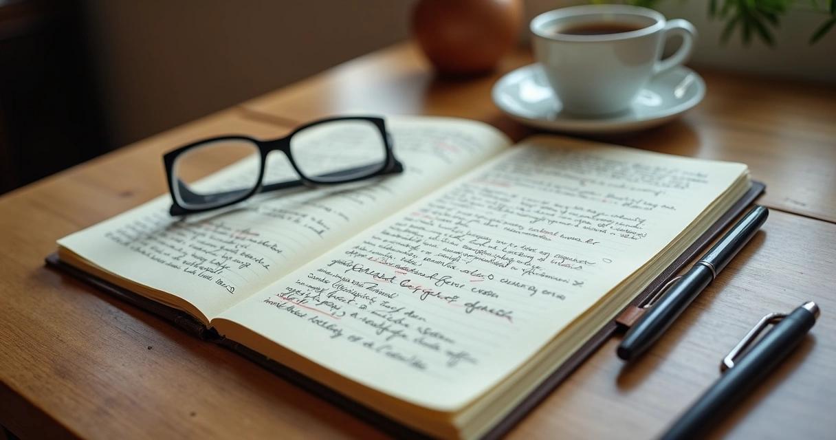 Caderno com anotações sobre experiências e conquistas profissionais 