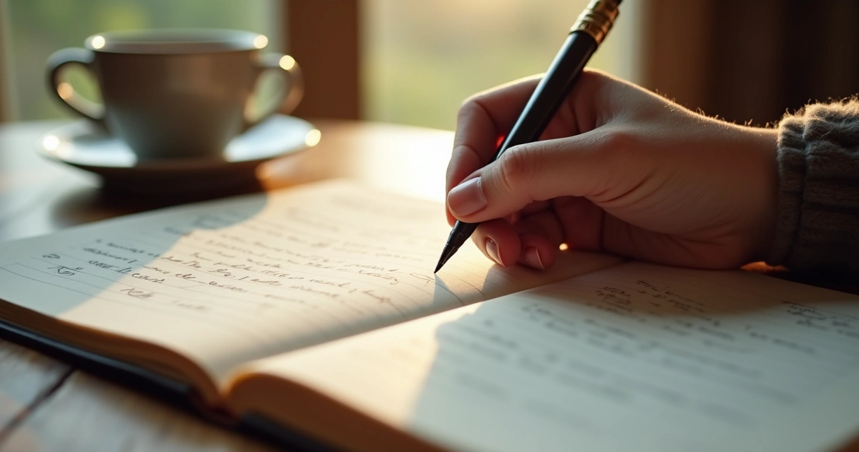 Pessoa escrevendo em diário em mesa de madeira