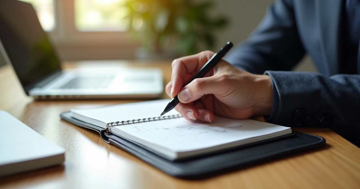 Empresário escrevendo dicas em caderno 