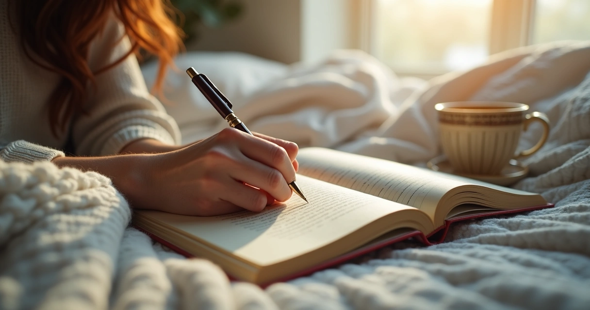 Pessoa escrevendo em um caderno sobre sonhos ao lado da cama, com caneca de chá 