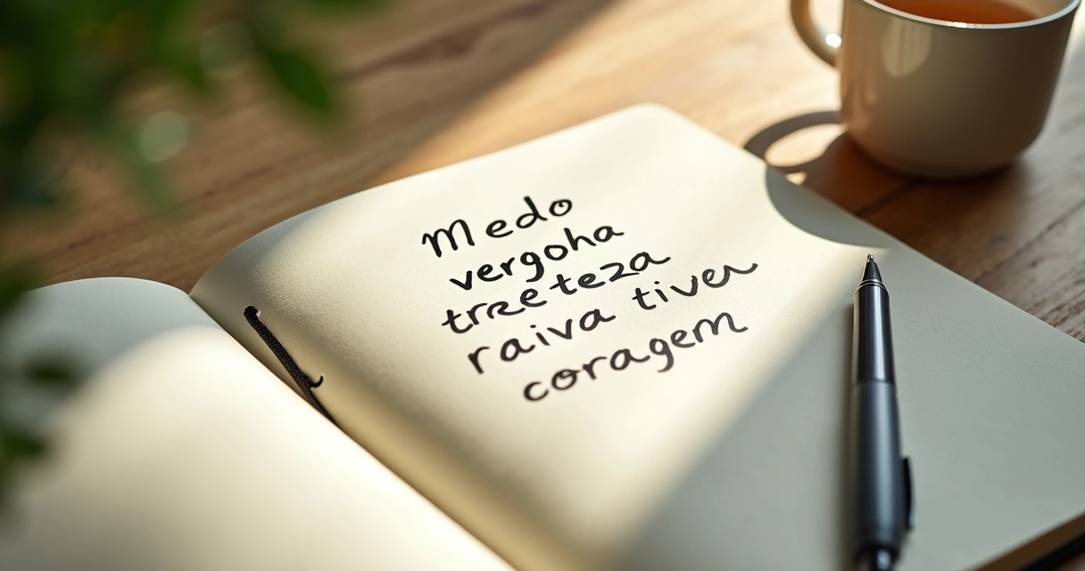Caderno com anotações emocionais e caneca sobre mesa clara 