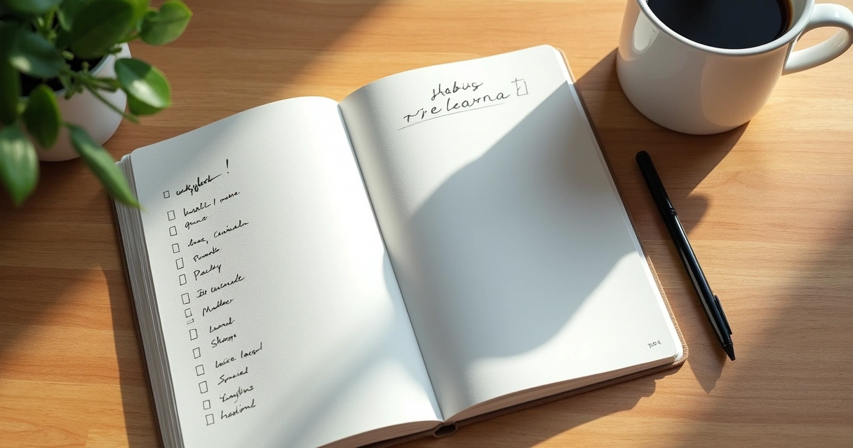 Caderno com checklist de hábitos e caneca sobre a mesa 