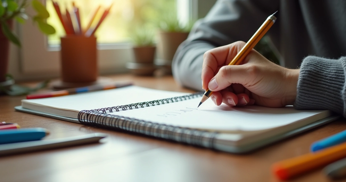 Pessoa escrevendo lista à mão em caderno aberto.