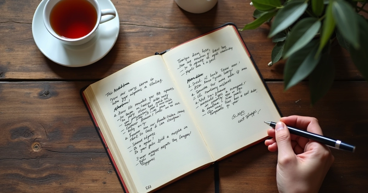 Caderno com anotações ao lado de uma xícara de chá e mãos segurando caneta 