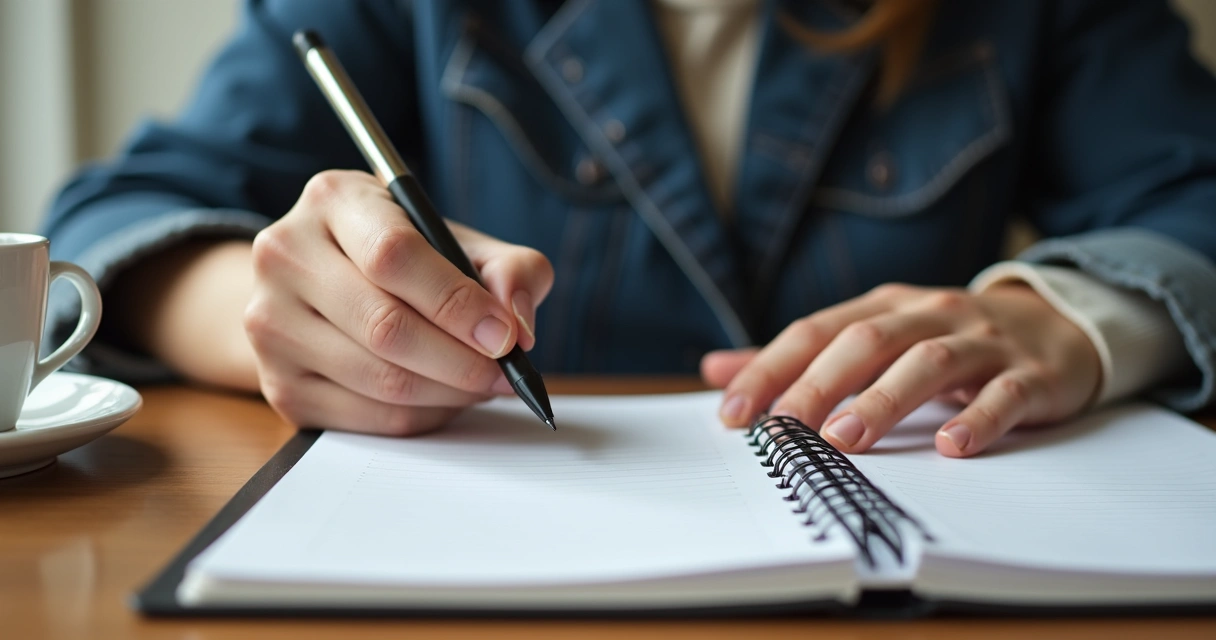 Pessoa escrevendo autoanotações em caderno enquanto fala