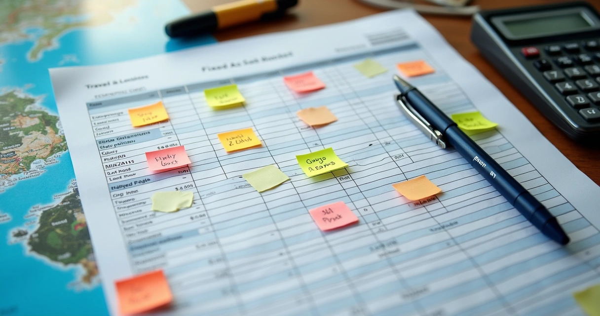 Planilha de custos de agência de viagens aberta com anotações coloridas 