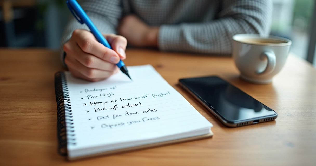 Close em mão escrevendo tópicos em caderno sobre mesa de madeira clara, café e celular ao lado. 