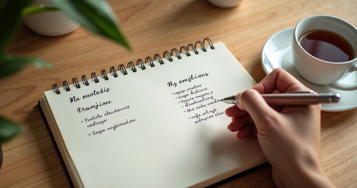 Cuaderno con lista de emociones y una mano escribiendo