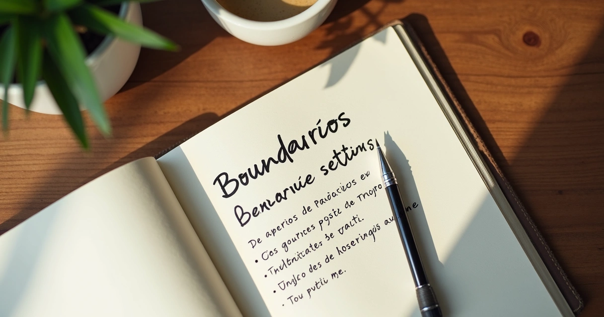 Cuaderno con notas sobre límites personales y una taza de café