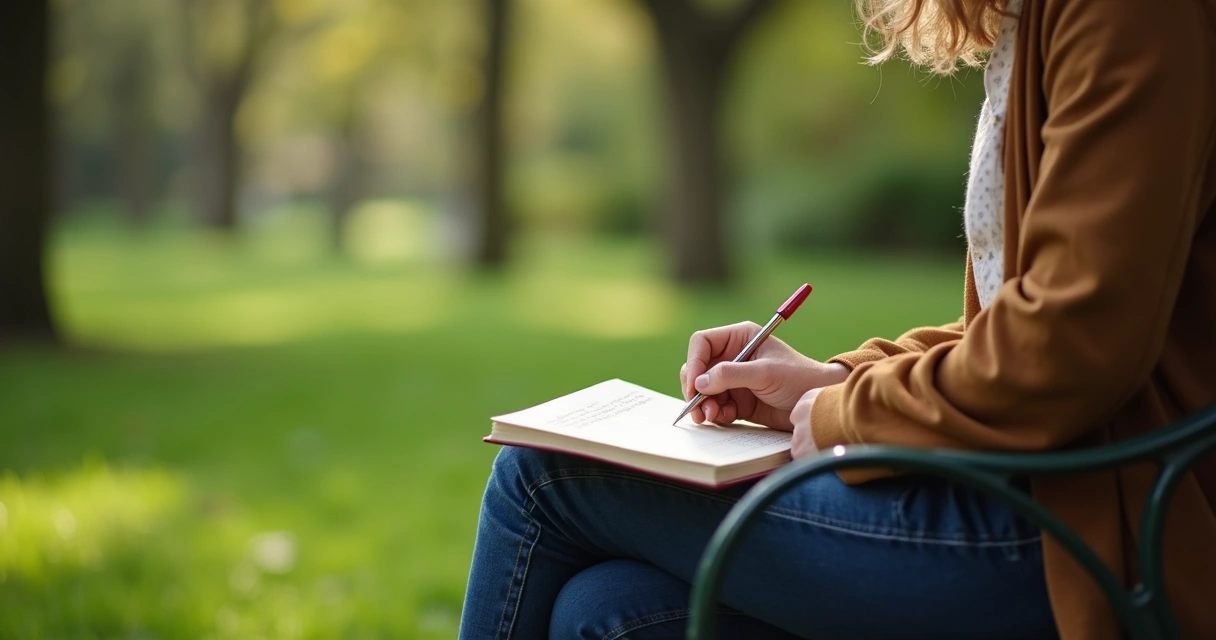 Persona escribiendo un cuaderno de emociones en un parque con luz natural 
